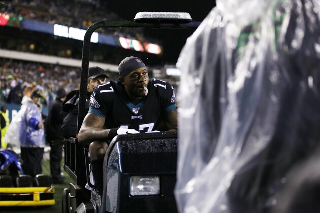 Philadelphia Eagles' Alshon Jeffery is driven off the field after an injury during the first half of an NFL football game against the New York Giants, Monday, Dec. 9, 2019, in Philadelphia. (AP Photo/Michael Perez)