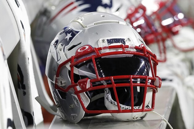 HOUSTON, TX - DECEMBER 01:  A New England Patriots helmet is seen on the bench before the game against the Houston Texans at NRG Stadium on December 1, 2019 in Houston, Texas.  (Photo by Tim Warner/Getty Images)