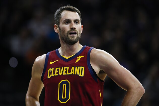 Cleveland Cavaliers' Kevin Love coaches during an NBA basketball game against the Philadelphia 76ers, Tuesday, Nov. 12, 2019, in Philadelphia. (AP Photo/Matt Slocum)
