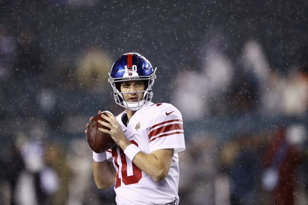 New York Giants' Eli Manning warms up before an NFL football game against the Philadelphia Eagles, Monday, Dec. 9, 2019, in Philadelphia. (AP Photo/Matt Rourke)
