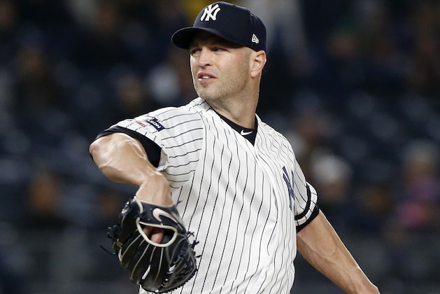 NEW YORK, NEW YORK - OCTOBER 04:   (NEW YORK DAILIES OUT)   J.A. Happ #34 of the New York Yankees in action against the Minnesota Twins in game one of the American League Division Series at Yankee Stadium on October 04, 2019 in New York City. The Yankees defeated the Twins 10-4.  (Photo by Jim McIsaac/Getty Images)