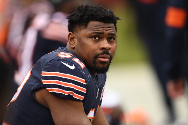 CHICAGO, ILLINOIS - NOVEMBER 24:  Khalil Mack #52 of the Chicago Bears watches action during a game against the New York Giants at Soldier Field on November 24, 2019 in Chicago, Illinois.  The Bears defeated the Giants 19-14.  (Photo by Stacy Revere/Getty Images)