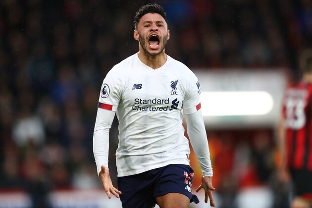 BOURNEMOUTH, ENGLAND - DECEMBER 07: Alex Oxlade-Chamberlain of Liverpool celebrates after scoring his team's first goal during the Premier League match between AFC Bournemouth and Liverpool FC at Vitality Stadium on December 07, 2019 in Bournemouth, United Kingdom. (Photo by Michael Steele/Getty Images)