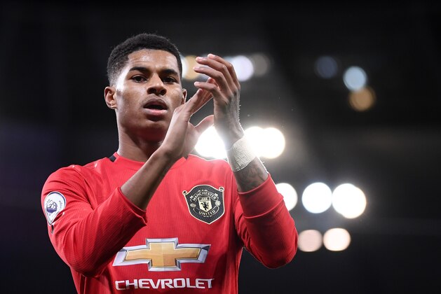 MANCHESTER, ENGLAND - DECEMBER 07: Marcus Rashford of Manchester United celebrates victory after the Premier League match between Manchester City and Manchester United at Etihad Stadium on December 07, 2019 in Manchester, United Kingdom. (Photo by Laurence Griffiths/Getty Images)