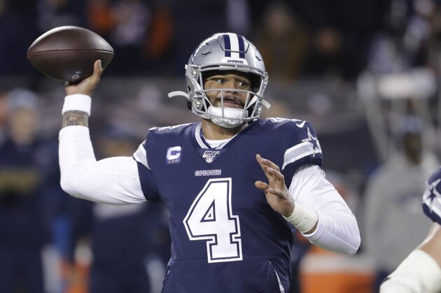 Dallas Cowboys quarterback Dak Prescott (4) throws during the first half of an NFL football game against the Chicago Bears, Thursday, Dec. 5, 2019, in Chicago. (AP Photo/Darron Cummings)