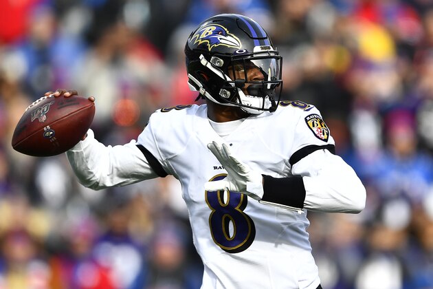 Baltimore Ravens quarterback Lamar Jackson looks to pass during the first half of an NFL football game against the Buffalo Bills in Orchard Park, N.Y., Sunday, Dec. 8, 2019. (AP Photo/Adrian Kraus)