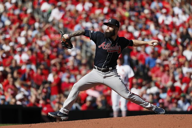 Atlanta Braves starting pitcher Dallas Keuchel throws during the first inning in Game 4 of a baseball National League Division Series against the St. Louis Cardinals, Monday, Oct. 7, 2019, in St. Louis. (AP Photo/Jeff Roberson)