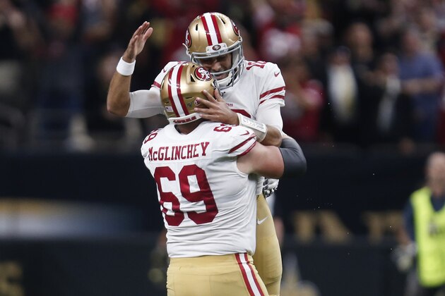 San Francisco 49ers quarterback Jimmy Garoppolo celebrates his touchdown pass with offensive tackle Mike McGlinchey (69) in the first half an NFL football game in New Orleans, Sunday, Dec. 8, 2019. (AP Photo/Butch Dill)