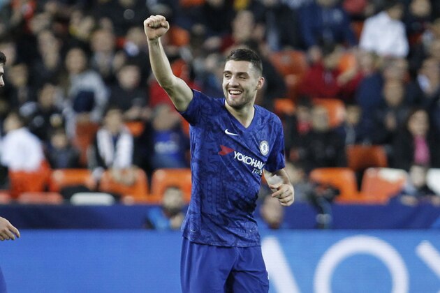Chelsea's Mateo Kovacic celebrates after scoring the goal during the Champions League group H soccer match between Valencia and Chelsea at the Mestalla stadium in Valencia, Spain, Wednesday, Nov. 27, 2019. (AP Photo/Alberto Saiz)