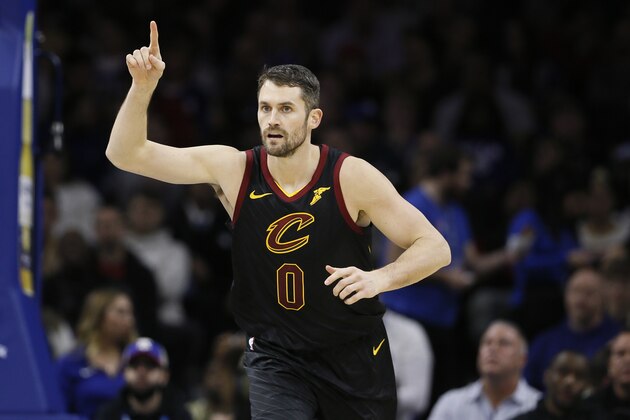 Cleveland Cavaliers' Kevin Love reacts after scoring a basket during the first half of an NBA basketball game against the Philadelphia 76ers, Saturday, Dec. 7, 2019, in Philadelphia. (AP Photo/Matt Slocum) Cleveland Cavaliers' Kevin Love reacts after scoring a basket during the first half of an NBA basketball game against the Philadelphia 76ers, Saturday, Dec. 7, 2019, in Philadelphia. (AP Photo/Matt Slocum)