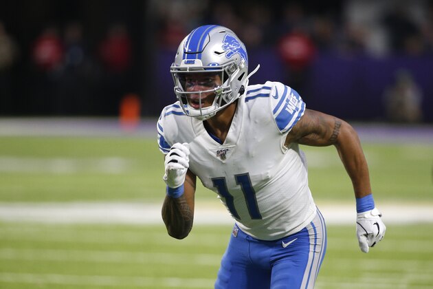 Detroit Lions wide receiver Marvin Jones runs up field during the second half of an NFL football game against the Minnesota Vikings, Sunday, Dec. 8, 2019, in Minneapolis. (AP Photo/Bruce Kluckhohn) Detroit Lions wide receiver Marvin Jones runs up field during the second half of an NFL football game against the Minnesota Vikings, Sunday, Dec. 8, 2019, in Minneapolis. (AP Photo/Bruce Kluckhohn)
