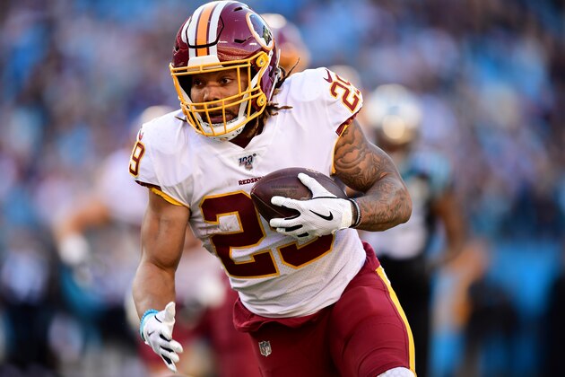 CHARLOTTE, NORTH CAROLINA - DECEMBER 01: Derrius Guice #29 of the Washington Redskins during the second half during their game against the Carolina Panthers at Bank of America Stadium on December 01, 2019 in Charlotte, North Carolina. (Photo by Jacob Kupferman/Getty Images)