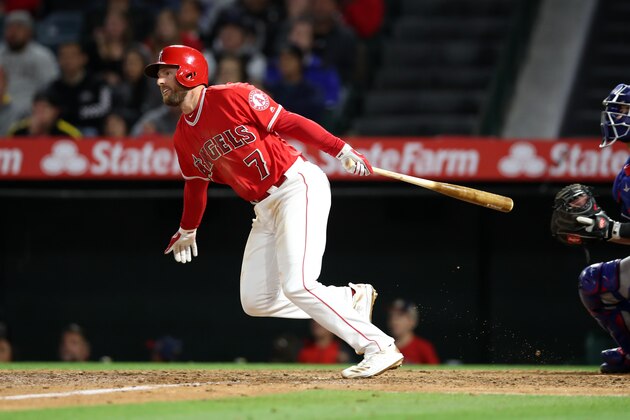 ANAHEIM, CA - May 25:  Zack Cozart #7 of the Los Angeles Angels bats during the game against the Texas Rangers at Angel Stadium on May 25, 2019 in Anaheim, California.  The Angels defeated the Rangers 3-2.  (Photo by Rob Leiter/MLB Photos via Getty Images)