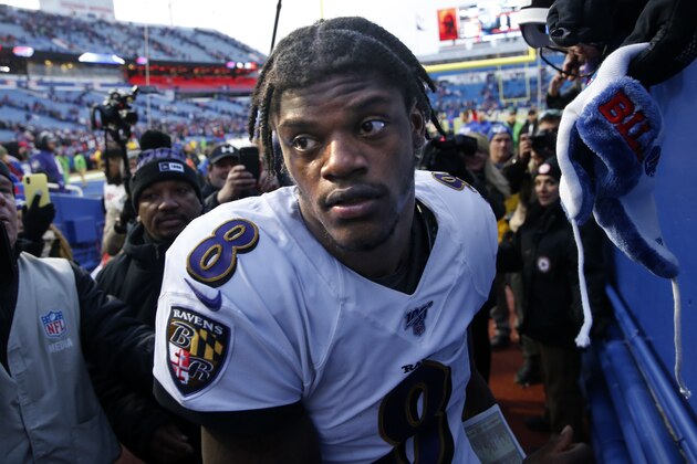 Baltimore Ravens quarterback Lamar Jackson (8) heads to the locker room after stopping to sign autographs for fans following a 24-17 win over the Buffalo Bills in an NFL football game in Orchard Park, N.Y., Sunday, Dec. 8, 2019. (AP Photo/John Munson) Baltimore Ravens quarterback Lamar Jackson (8) heads to the locker room after stopping to sign autographs for fans following a 24-17 win over the Buffalo Bills in an NFL football game in Orchard Park, N.Y., Sunday, Dec. 8, 2019. (AP Photo/John Munson)