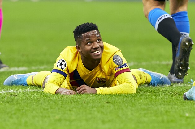 MILAN, ITALY - DECEMBER 10: Ansu Fati of Barcelona reacts on the pitch during the UEFA Champions League group F match between Inter and FC Barcelona at Giuseppe Meazza Stadium on December 10, 2019 in Milan, Italy. (Photo by Quality Sport Images/Getty Images)
