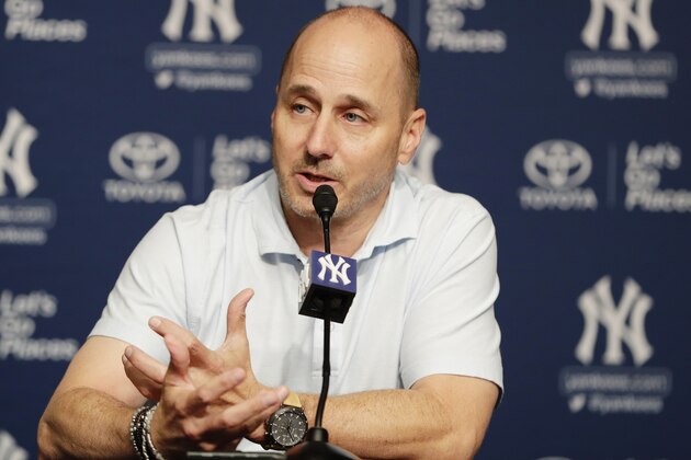 New York Yankees General Manager Brian Cashman speaks during a news conference before a baseball game against the Baltimore Orioles Tuesday, July 31, 2018, in New York. (AP Photo/Frank Franklin II)