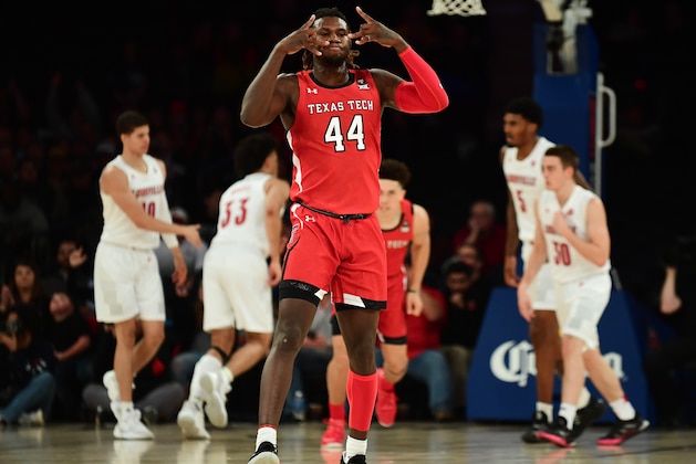 NEW YORK, NEW YORK - DECEMBER 10: Chris Clarke #44 of the Texas Tech Red Raiders reacts after a basket during the first half of their game against the Louisville Cardinals at Madison Square Garden on December 10, 2019 in New York City. (Photo by Emilee Chinn/Getty Images)