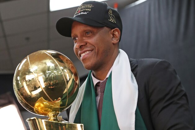 OAKLAND, CA - JUNE 13: President Masai Ujiri of the Toronto Raptors celebrates after the game against the Golden State Warriors during Game Six of the NBA Finals on June 13, 2019 at ORACLE Arena in Oakland, California. NOTE TO USER: User expressly acknowledges and agrees that, by downloading and/or using this photograph, user is consenting to the terms and conditions of Getty Images License Agreement. Mandatory Copyright Notice: Copyright 2019 NBAE (Photo by Joe Murphy/NBAE via Getty Images)