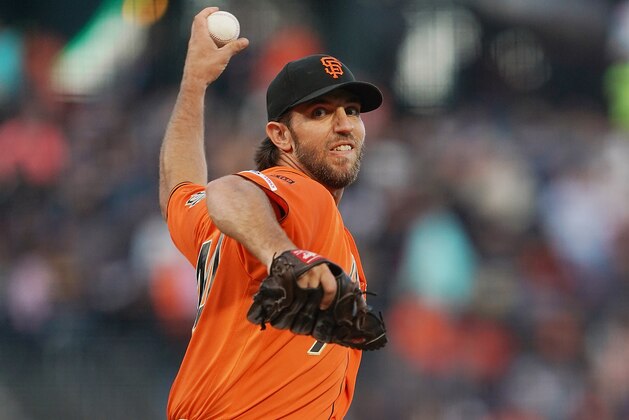 SAN FRANCISCO, CA - AUGUST 30:  Madison Bumgarner #40 of the San Francisco Giants pitches against the San Diego Padres in the top of the first inning at Oracle Park on August 30, 2019 in San Francisco, California.  (Photo by Thearon W. Henderson/Getty Images)