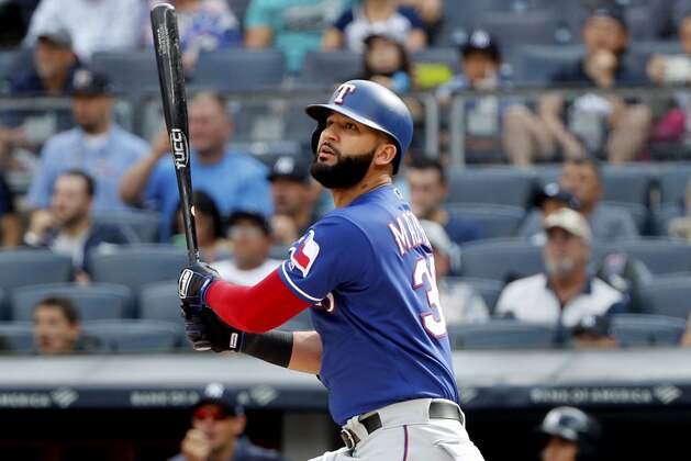 NEW YORK, NY - SEPTEMBER 2:  Nomar Mazara #30 of the Texas Rangers hits in an MLB baseball game against the New York Yankees on September 2, 2019 at Yankee Stadium in the Bronx borough of New York City. Texas won 7-0. (Photo by Paul Bereswill/Getty Images)