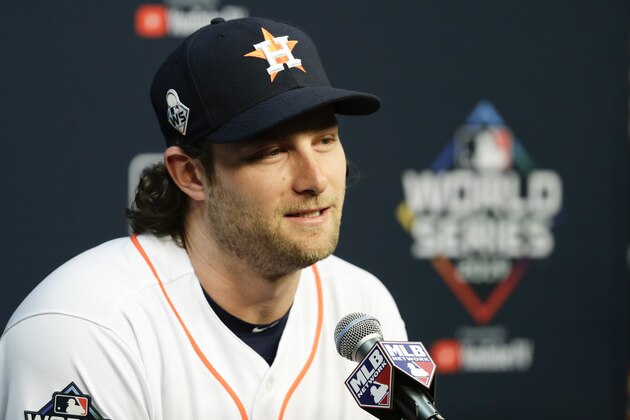 Houston Astros starting pitcher Gerrit Cole speaks during a news conference for baseball's World Series Monday, Oct. 21, 2019, in Houston. The Houston Astros face the Washington Nationals in Game 1 on Tuesday. (AP Photo/Eric Gay)