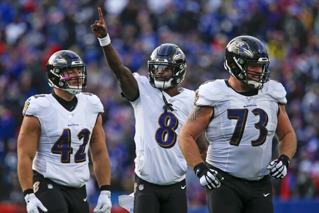 Baltimore Ravens quarterback Lamar Jackson (8) celebrates a 61-yard touchdown play as he walks off the field with offensive guard Marshal Yanda (73) and fullback Patrick Ricard (42) during the second half of an NFL football game against the Buffalo Bills in Orchard Park, N.Y., Sunday, Dec. 8, 2019. (AP Photo/John Munson)