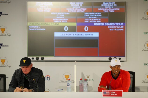 MELBOURNE, AUSTRALIA - DECEMBER 11: Captain Ernie Els of South Africa and the International team and Playing Captain Tiger Woods of the United States team take part in Thursday's Four-Ball Pairings ahead of the 2019 Presidents Cup at Royal Melbourne Golf Course on December 11, 2019 in Melbourne, Australia. (Photo by Warren Little/Getty Images)