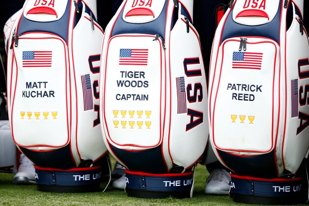 MELBOURNE, AUSTRALIA - DECEMBER 11: A detail of the bags of Matt Kuchar, Playing Captain Tiger Woods and Patrick Reed of the United States team during their team photo ahead of the 2019 Presidents Cup at Royal Melbourne Golf Course on December 11, 2019 in Melbourne, Australia. (Photo by Daniel Pockett/Getty Images)