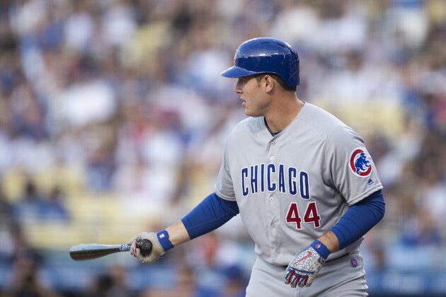 Chicago Cubs' Anthony Rizzo in a baseball game against the Los Angeles Dodgers in Los Angeles, Thursday, June 13, 2019. (AP Photo/Kyusung Gong)