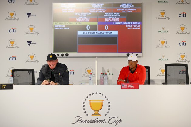 MELBOURNE, AUSTRALIA - DECEMBER 11: Captain Ernie Els of South Africa and the International team and Playing Captain Tiger Woods of the United States team take part in Thursday's Four-Ball Pairings ahead of the 2019 Presidents Cup at Royal Melbourne Golf Course on December 11, 2019 in Melbourne, Australia. (Photo by Warren Little/Getty Images)