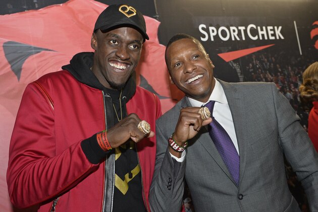 TORONTO, CANADA - OCTOBER 22: President Masai Ujiri, and Pascal Siakam #43 of the Toronto Raptors pose for a photo with their Championship Ring after the game against the New Orleans Pelicans on October 22, 2019 at the Scotiabank Arena in Toronto, Ontario, Canada. NOTE TO USER: User expressly acknowledges and agrees that, by downloading and or using this Photograph, user is consenting to the terms and conditions of the Getty Images License Agreement.  Mandatory Copyright Notice: Copyright 2019 NBAE (Photo by David Dow/NBAE via Getty Images)
