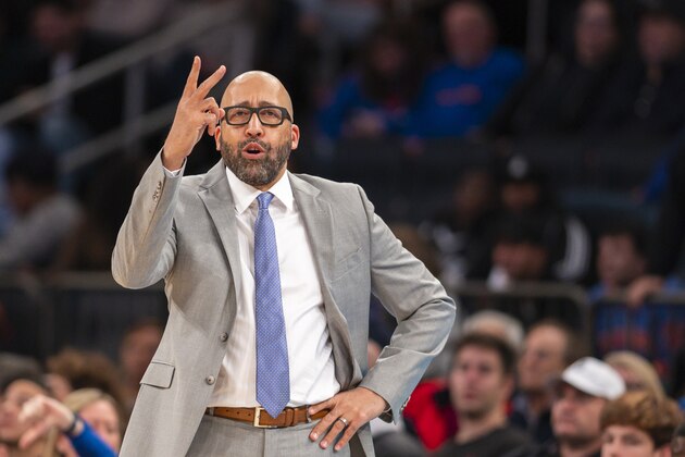 Knicks head coach David Fizdale gestures in the second half of an NBA basketball game against the Brooklyn Nets, Sunday, Nov. 24, 2019, at Madison Square Garden in New York. The Nets win 103-101. (AP Photo/Corey Sipkin).