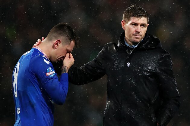 GLASGOW, SCOTLAND - DECEMBER 08: Steven Gerrard, Manager of Rangers FC (R) consoles Ryan Jack of Rangers FC following defeat in the Betfred Cup Final between Rangers FC and Celtic FC at Hampden Park on December 08, 2019 in Glasgow, Scotland. (Photo by Ian MacNicol/Getty Images)