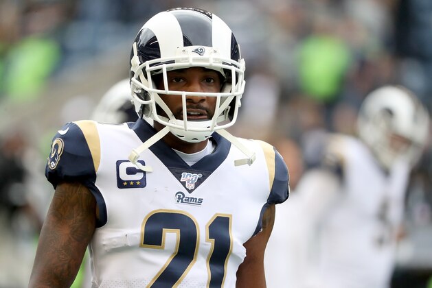 SEATTLE, WASHINGTON - OCTOBER 03: Aqib Talib #21 of the Los Angeles Rams warms-up before the game against the  Seattle Seahawks at CenturyLink Field on October 03, 2019 in Seattle, Washington. (Photo by Abbie Parr/Getty Images)