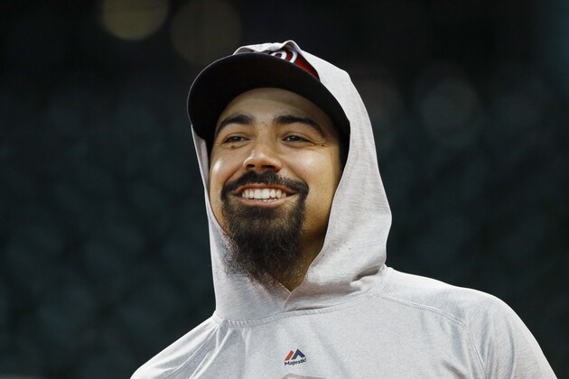 Washington Nationals third baseman Anthony Rendon prepares to take batting practice before Game 1 of the baseball World Series against the Houston Astros Tuesday, Oct. 22, 2019, in Houston. (AP Photo/Matt Slocum)