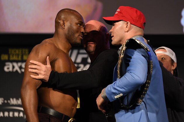 NEW YORK, NY - NOVEMBER 01:  (L-R) Kamaru Usman and Colby Covington face off during the UFC 245 press conference at the Hulu Theatre at Madison Square Garden on November 1, 2019 in New York, New York. (Photo by Josh Hedges/Zuffa LLC via Getty Images)