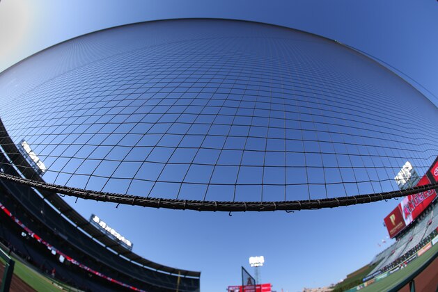 ANAHEIM, CALIFORNIA - SEPTEMBER 24: A detailed view of safety netting on the foul side of first base near the visiting team's dugout is seen during batting practice prior to the MLB game between the Oakland Athletics and the Los Angeles Angels at Angel Stadium of Anaheim on September 24, 2019 in Anaheim, California. The Angels defeated the Athletics 3-2. (Photo by Victor Decolongon/Getty Images)