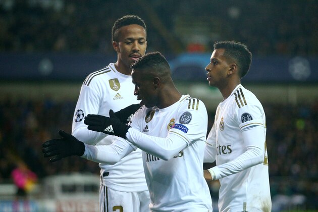 BRUGGE, BELGIUM - DECEMBER 11: Vinicius Junior of Real Madrid celebrates after scoring his team's second goal with Rodrygo of Real Madrid during the UEFA Champions League group A match between Club Brugge KV and Real Madrid at Jan Breydel Stadium on December 11, 2019 in Brugge, Belgium. (Photo by Dean Mouhtaropoulos/Getty Images)