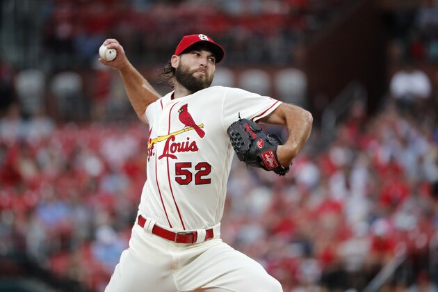 St. Louis Cardinals starting pitcher Michael Wacha throws during the first inning in the second baseball game of the team's doubleheader against the Cincinnati Reds on Saturday, Aug. 31, 2019, in St. Louis. (AP Photo/Jeff Roberson)