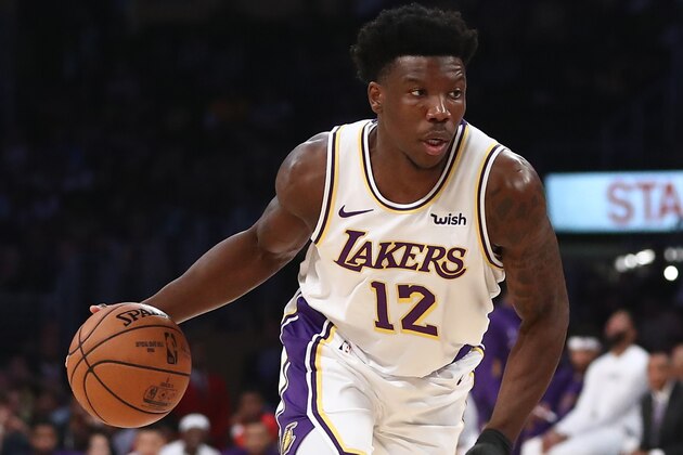 LOS ANGELES, CALIFORNIA - OCTOBER 16:  Devontae Cacok #12 of the Los Angeles Lakers dribbles the ball during the first half of a game against the Golden State Warriors at Staples Center on October 16, 2019 in Los Angeles, California. (Photo by Sean M. Haffey/Getty Images)