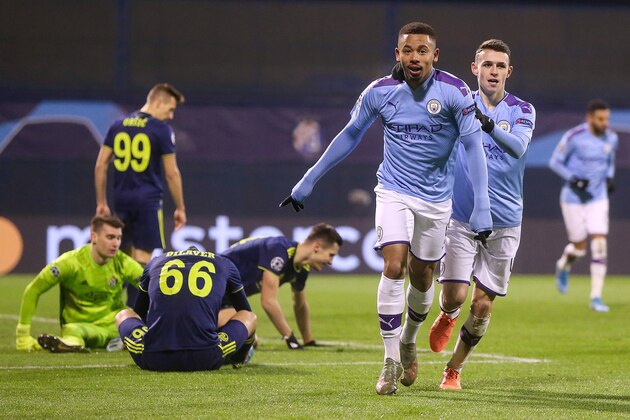 ZAGREB, CROATIA - DECEMBER 11: Gabriel Jesus and Phil Foden of Manchester City celebrate during the UEFA Champions League group C match between Dinamo Zagreb and Manchester City at Maksimir Stadium on December 11, 2019 in Zagreb, Croatia. (Photo by Goran Stanzl/Pixsell/MB Media/Getty Images)