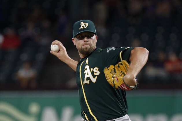 Oakland Athletics' Blake Treinen works against the Texas Rangers during a baseball game in Arlington, Texas, Friday, Sept. 13, 2019. (AP Photo/Tony Gutierrez)