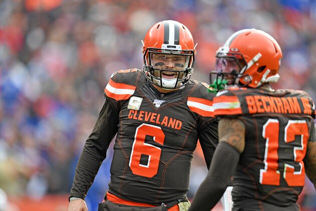 CLEVELAND, OHIO - NOVEMBER 10: Quarterback Baker Mayfield #6 talks to wide receiver Odell Beckham #13 of the Cleveland Browns during the first half at FirstEnergy Stadium on November 10, 2019 in Cleveland, Ohio. (Photo by Jason Miller/Getty Images)