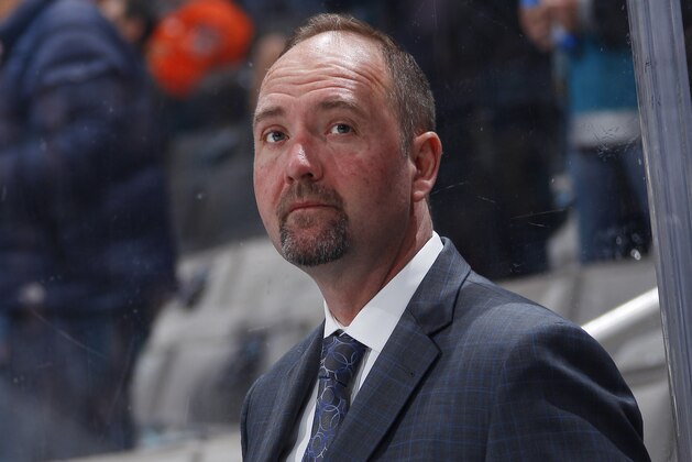 SAN JOSE, CA - MARCH 08: Head coach Peter DeBoer of the San Jose Sharks looks on during the game against the St. Louis Blues at SAP Center on March 8, 2018 in San Jose, California. (Photo by Rocky W. Widner/NHL/Getty Images) *** Local Caption *** Peter DeBoer