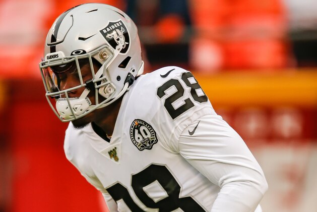 KANSAS CITY, MO - DECEMBER 01: Josh Jacobs #28 of the Oakland Raiders ran the football during pregmae warmups prior to the game against the Kansas City Chiefs at Arrowhead Stadium on December 1, 2019 in Kansas City, Missouri. (Photo by David Eulitt/Getty Images)