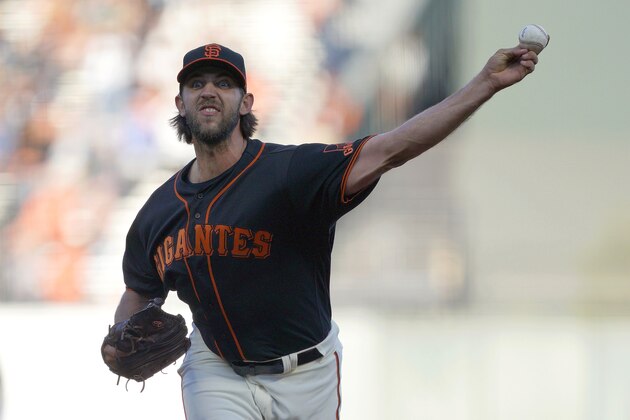 San Francisco Giants pitcher Madison Bumgarner throws against the Miami Marlins during the first inning of a baseball game Saturday, Sept. 14, 2019, in San Francisco. (AP Photo/Tony Avelar)