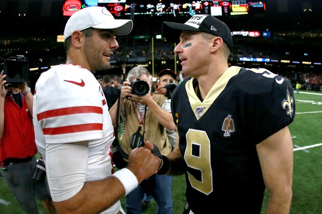 NEW ORLEANS, LOUISIANA - DECEMBER 08: Drew Brees #9 of the New Orleans Saints congratulates Jimmy Garoppolo #10 of the San Francisco 49ers after his team was defeated 48 - 46 during a NFL game at the Mercedes Benz Superdome on December 08, 2019 in New Orleans, Louisiana. (Photo by Sean Gardner/Getty Images)