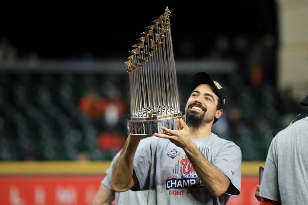 HOUSTON, TEXAS - OCTOBER 30:  Anthony Rendon #6 of the Washington Nationals hoists the Commissioners Trophy after defeating the Houston Astros 6-2 in Game Seven to win the 2019 World Series in Game Seven of the 2019 World Series at Minute Maid Park on October 30, 2019 in Houston, Texas. (Photo by Mike Ehrmann/Getty Images)