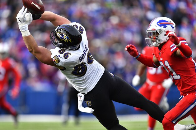 Baltimore Ravens tight end Nick Boyle (86) can't hang onto a pass from quarterback Lamar Jackson with Buffalo Bills free safety Jordan Poyer (21) defending during the second half of an NFL football game in Orchard Park, N.Y., Sunday, Dec. 8, 2019. The Ravens won 24-17. (AP Photo/Adrian Kraus)