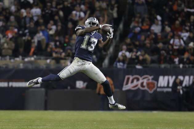 Dallas Cowboys wide receiver Michael Gallup (13) makes a catch during the second half of an NFL football game against the Chicago Bears, Thursday, Dec. 5, 2019, in Chicago. Chicago won 31-24. (AP Photo/Morry Gash)